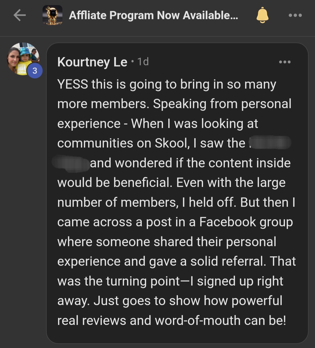 Member comment about the A.C.T. affiliate program